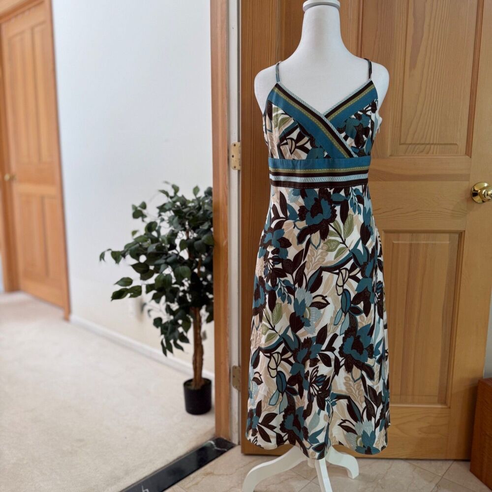 Ann Taylor  strappy lined sundress floral teal/‎ brown/ cream Sz 6 wedding guest